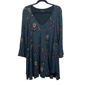 MABEL Tunic Shift Dress Floral Black‎ V Neck Long Sleeve Lined Women Size M